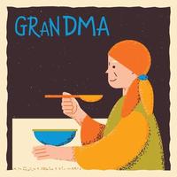 Grandmother sits at the table and eats. Square template with a grandmother in a scarf, with a spoon in her hand and text, in grunge style . vector