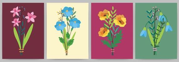 A set of bouquets with snowdrops, daffodils, poppies. Rectangular templates with flowers, leaves, branches. vector