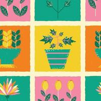 Pattern on the theme of plants. Square template with tulip flowers, flowerpots, flower beds with plants. vector