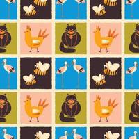 Pattern on the theme of animals. Square pattern with a cat, bird chicken, bees, stork. vector