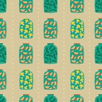 Pattern on the theme of conservation. Square template with cucumbers, mushrooms, apples closed in jars. vector
