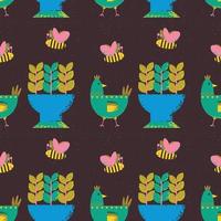 Pattern on the theme of plants and animals. Square template with potted plants, flower beds, bees and chicken. vector