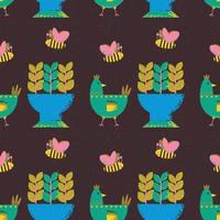 Pattern on the theme of plants and animals. Square template with potted plants, flower beds, bees and chicken. vector