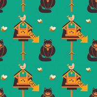 Pattern on the theme of animals. Square pattern with a bird feeder and a cat. Vector illustration in grunge style .