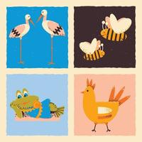 Vector illustration on the theme of animals. Square template with frog, bees, storks, bird chicken.