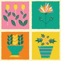 Vector illustration on the theme of flowers. Square template with tulips, plants, flowers in a pot, flower bed.