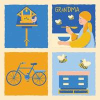 Vector illustration on the theme of the village. Square template with bird feeder, grandmother, text, bird, bicycle, beehive with bees.