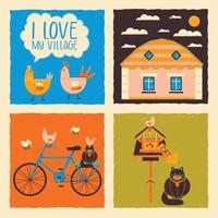 Vector illustration on the theme of the village with animals, cat, chicken, bees on bicycle, bird feeder, house, text I love the village.