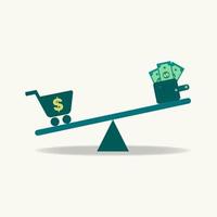 Balance scale with wallet, money and shopping cart. Income and expenses are greater expenses concept vector