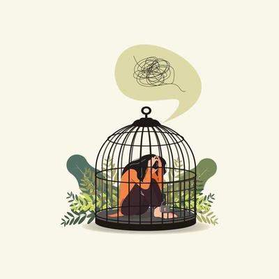 Woman lock in birdcage, need psychological help illustration or social isolation concept