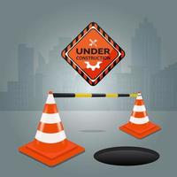 Warning under construction sign with traffic cone and hole illustration vector