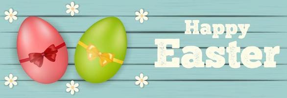 Easter banner with eggs and wood background. vector