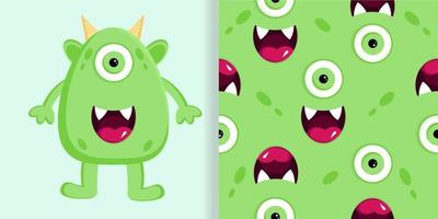 Funny one eye monster and monster face seamless pattern vector