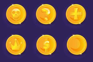 Gold coins set with different drawing. Cartoon style game GUI icon. vector