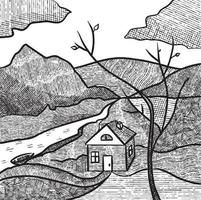 Black and white crosshatch vector sketch illustration of a landscape with a house and mountains.