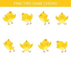 Find two same chicks. Game for children. Development game. Vector illustration.