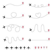 Airplane travel path icons set. Takeoff and landing of the aircraft. Vector illustration.