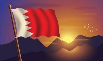 Bahrain flag with mountains and sunset in the background vector