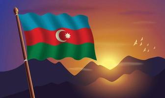 Azerbaijan flag with mountains and sunset in the background vector