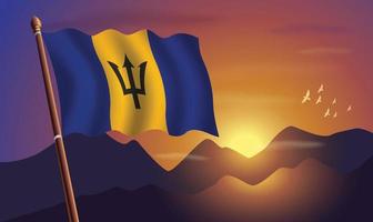 barbados bandera con montañas y puesta de sol en el antecedentes vector