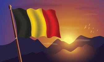 Belgium flag with mountains and sunset in the background vector