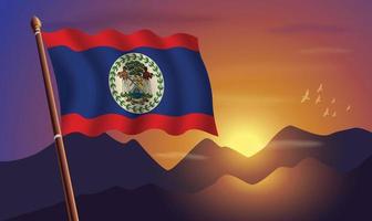 belice bandera con montañas y puesta de sol en el antecedentes vector