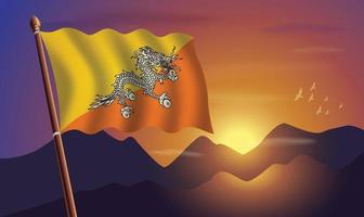 Bután bandera con montañas y puesta de sol en el antecedentes vector