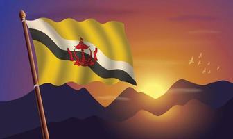 Brunei flag with mountains and sunset in the background vector