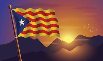 Catalonia flag with mountains and sunset in the background vector