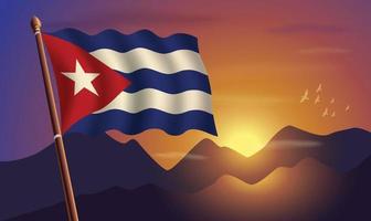 Cuba flag with mountains and sunset in the background vector