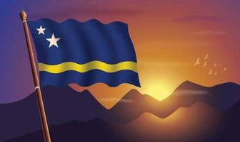 Curacao flag with mountains and sunset in the background vector