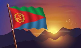 Eritrea flag with mountains and sunset in the background vector