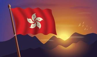 hong kong bandera con montañas y puesta de sol en el antecedentes vector