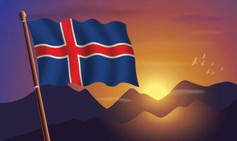 Iceland flag with mountains and sunset in the background vector