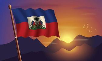 Haiti flag with mountains and sunset in the background vector