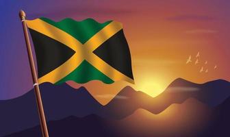 Jamaica flag with mountains and sunset in the background vector