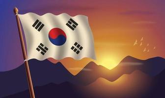 sur Corea bandera con montañas y puesta de sol en el antecedentes vector