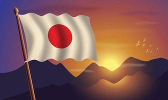 Japón bandera con montañas y puesta de sol en el antecedentes vector