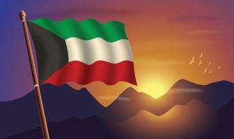 Kuwait flag with mountains and sunset in the background vector