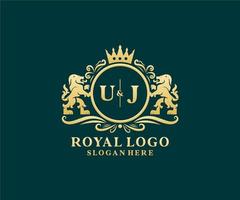 Initial UJ Letter Lion Royal Luxury Logo template in vector art for Restaurant, Royalty, Boutique, Cafe, Hotel, Heraldic, Jewelry, Fashion and other vector illustration.