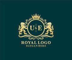 Initial UE Letter Lion Royal Luxury Logo template in vector art for Restaurant, Royalty, Boutique, Cafe, Hotel, Heraldic, Jewelry, Fashion and other vector illustration.