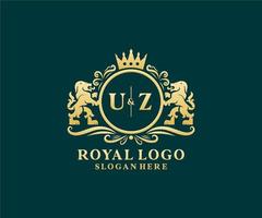 Initial UZ Letter Lion Royal Luxury Logo template in vector art for Restaurant, Royalty, Boutique, Cafe, Hotel, Heraldic, Jewelry, Fashion and other vector illustration.