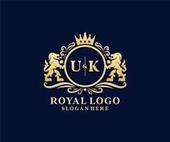 Initial UK Letter Lion Royal Luxury Logo template in vector art for Restaurant, Royalty, Boutique, Cafe, Hotel, Heraldic, Jewelry, Fashion and other vector illustration.