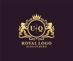 Initial UQ Letter Lion Royal Luxury Logo template in vector art for Restaurant, Royalty, Boutique, Cafe, Hotel, Heraldic, Jewelry, Fashion and other vector illustration.