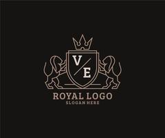 Initial VE Letter Lion Royal Luxury Logo template in vector art for Restaurant, Royalty, Boutique, Cafe, Hotel, Heraldic, Jewelry, Fashion and other vector illustration.