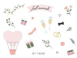 Wedding items just married set. Vector illustration in a flat hand-drawn style. Elements for a greeting card, a invitation or a wedding decor