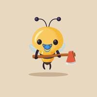Dangerous baby Bee with an ax. Cartoon bee cute character in flat style. vector