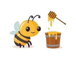 Bee loves honey. Cartoon bee cute character in flat style. Vector illustration.