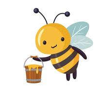 Funny bee with a full bucket of honey. Cartoon bee cute character in flat style vector