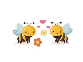 Enamored bees in the meadow. Cartoon bee cute characters in flat style. vector